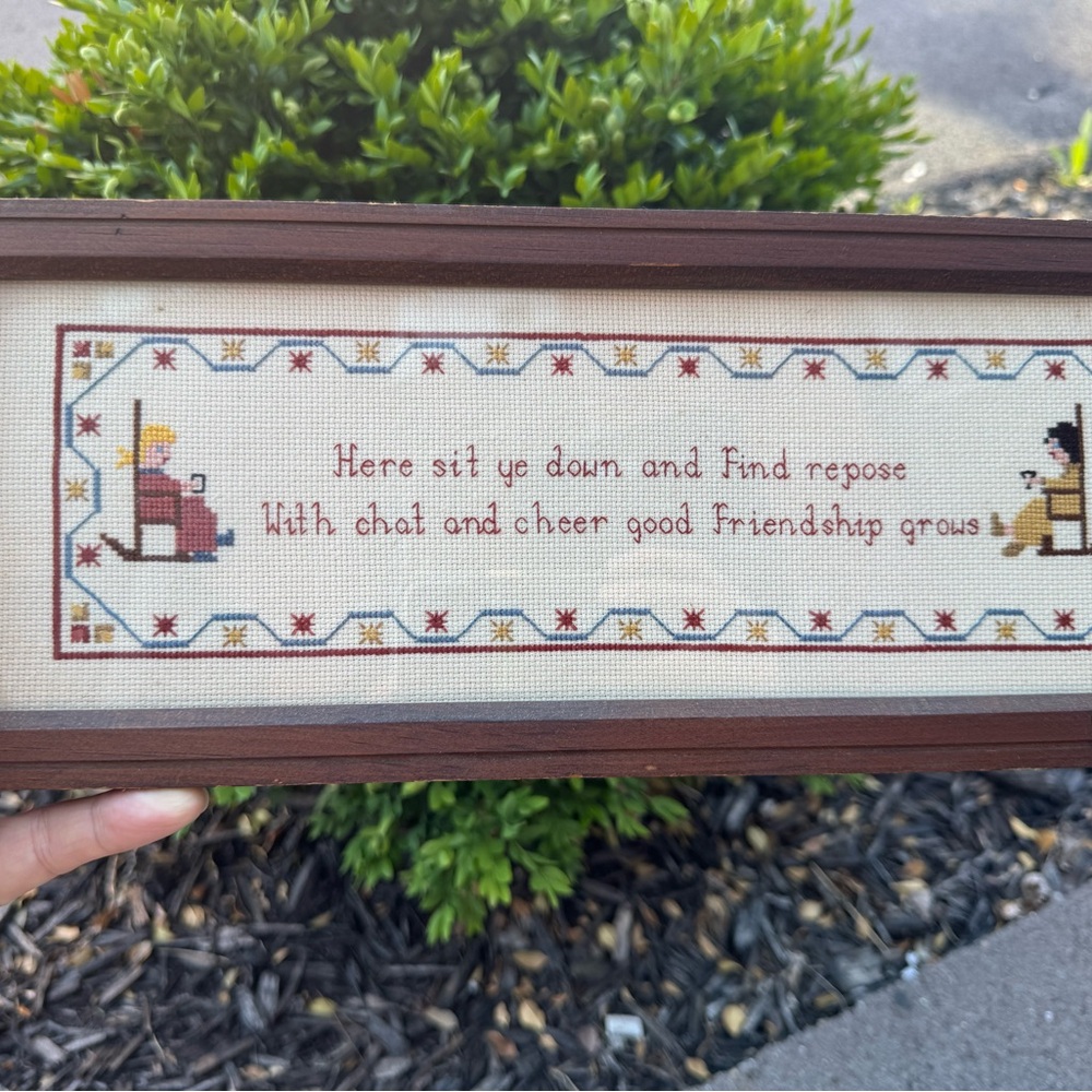 Framed Cross Stitch Friendship Sampler - Neutral Tones